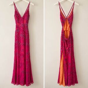 Caché 100% Silk Fuchsia Beaded Silk Evening Gown – Size Small